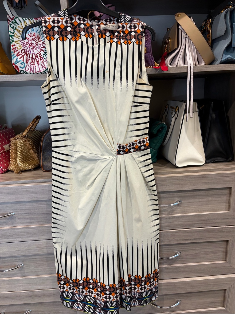 Etro Cream, Black & Orange Geometric-Trim Midi Dress
